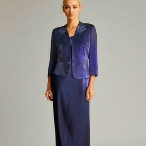 ALEX Evenings Sapphire Beaded Sequined Satiny Shimmery 2pc Formal Dress 10P NWT